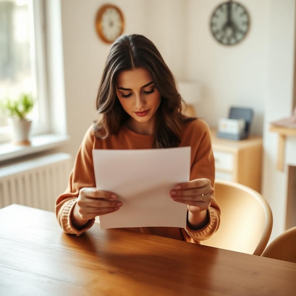 Frau liest einen Laborbefund zu Hause