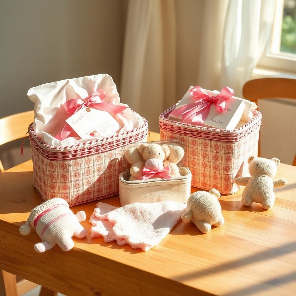 Verschiedene Baby Geschenke liebevoll verpackt