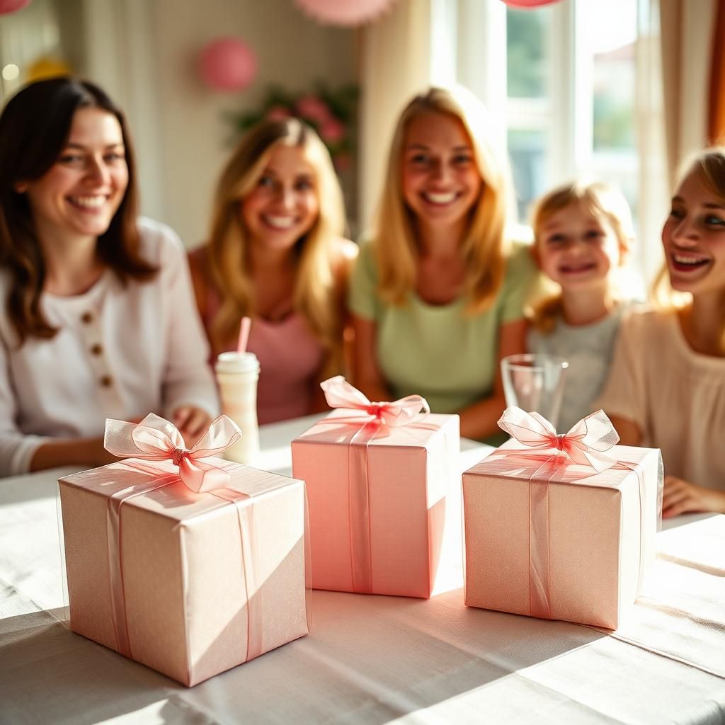 Geschenke zur Babyparty auf einem festlich gedeckten Tisch