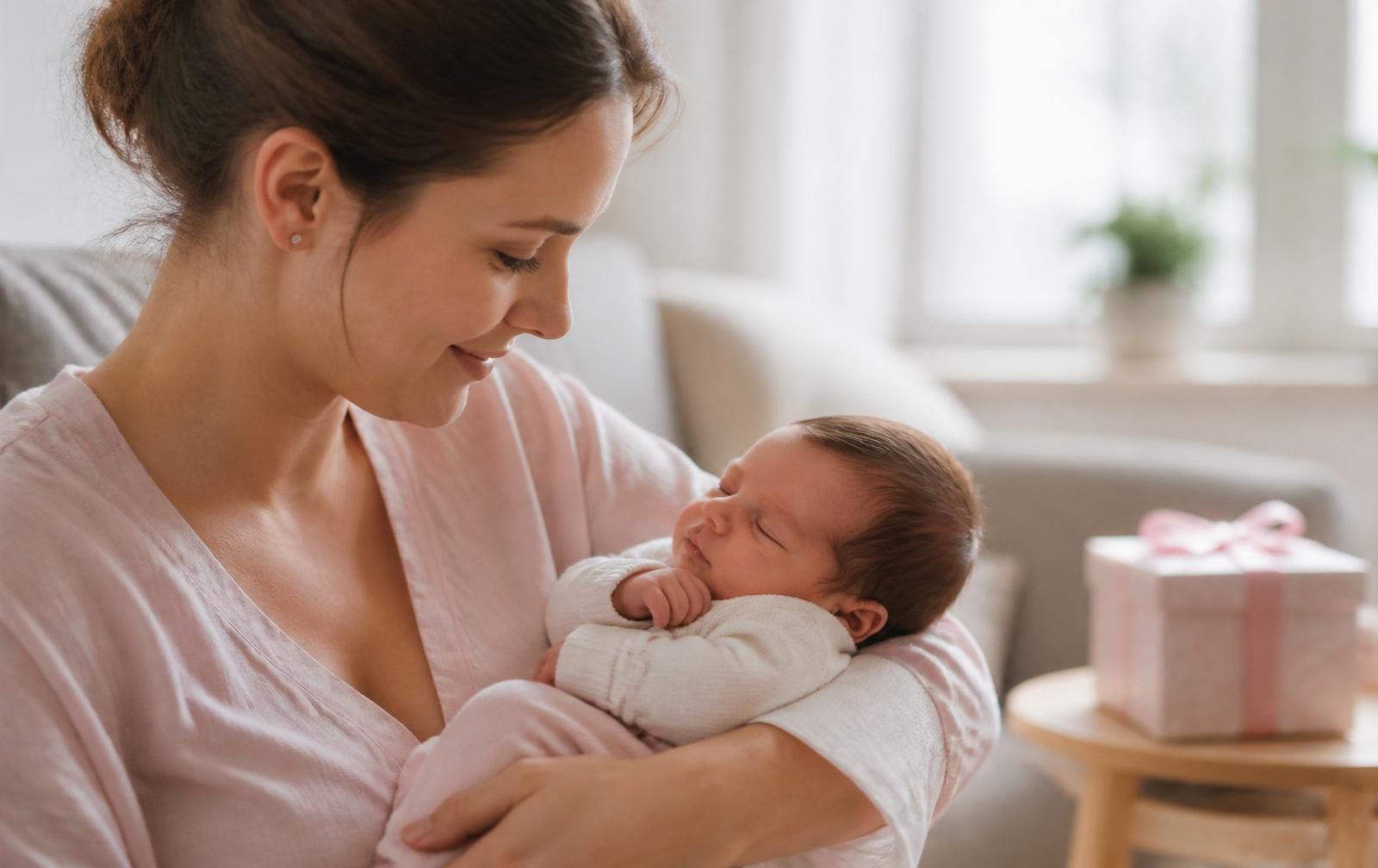 Mutter mit Neugeborenem und einem Geschenk im Hintergrund