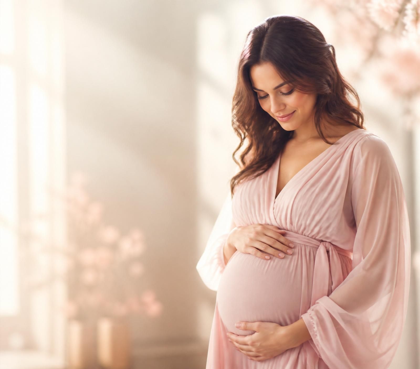 Werdende Mutter hält liebevoll ihren Babybauch im warmen Morgenlicht